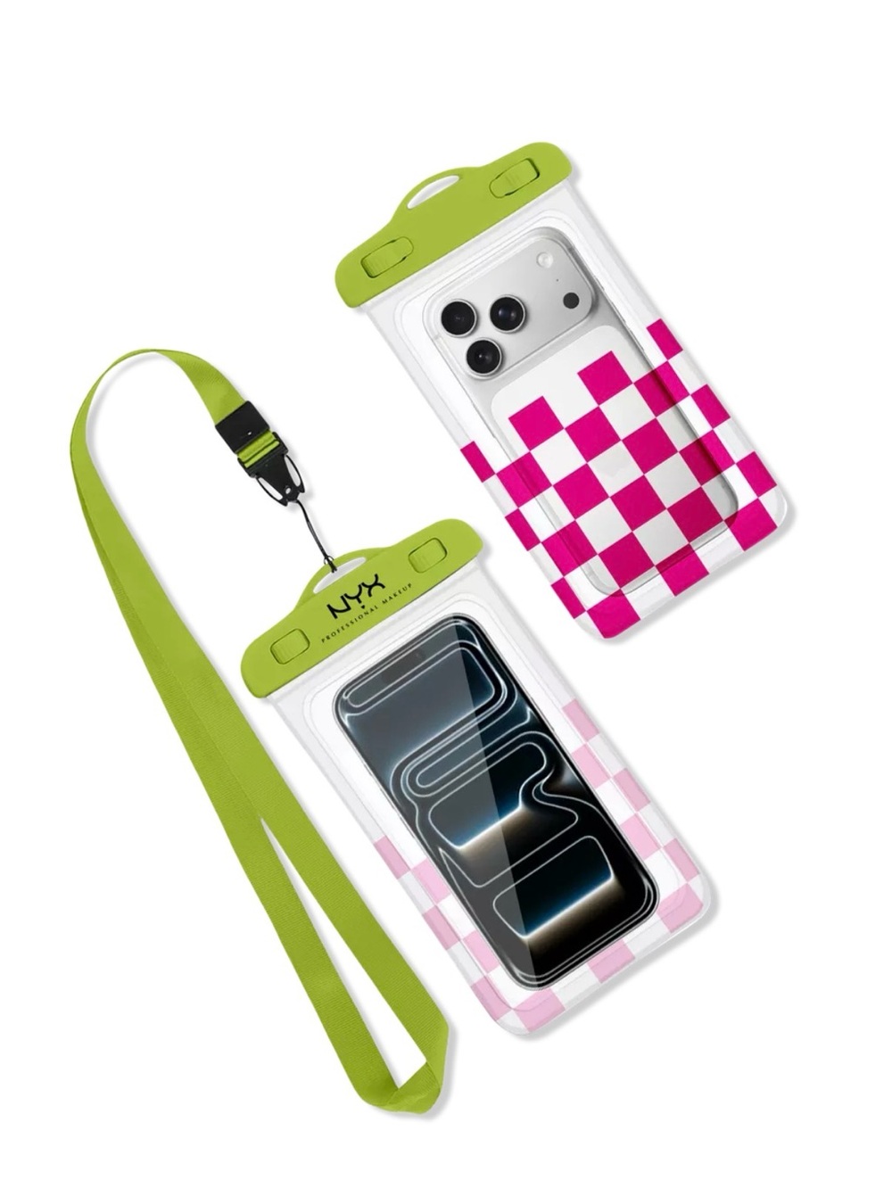 NYX Professional Makeup Waterproof Phone Pouch Lanyard Pink Green NWT